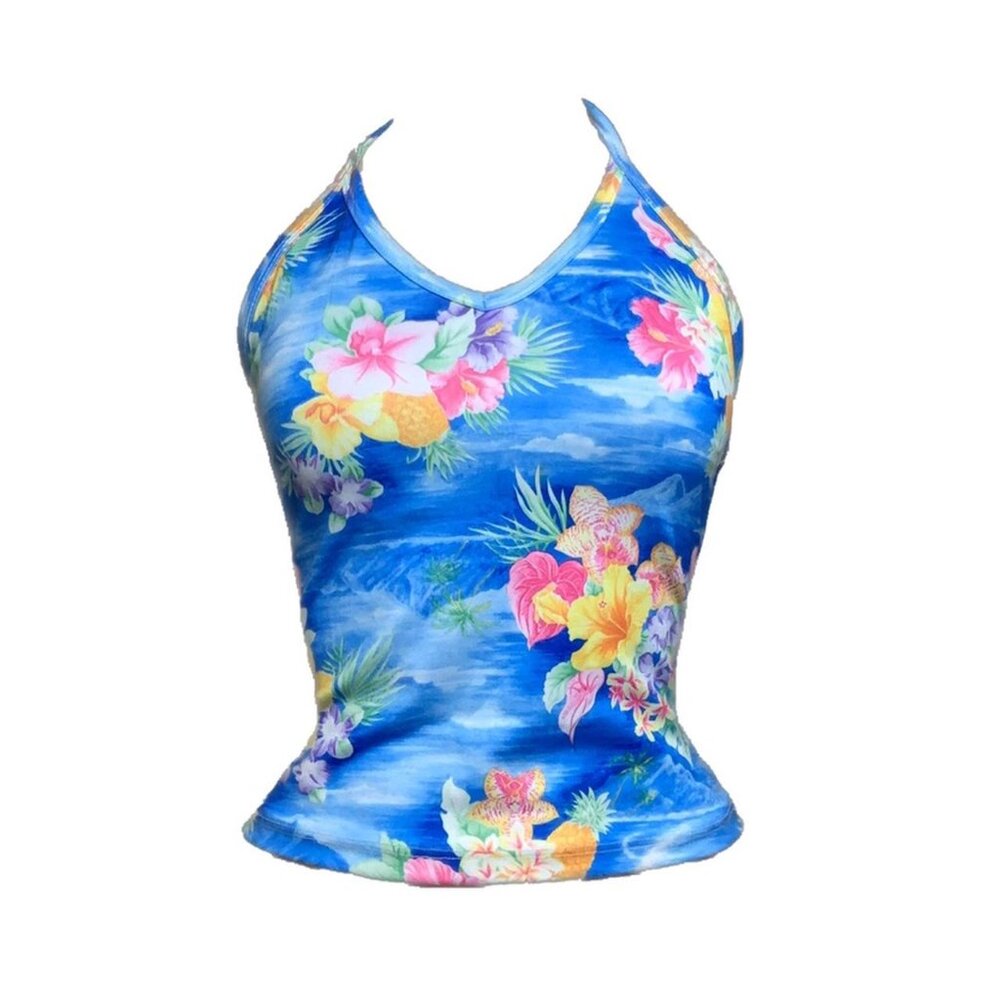 Vintage 90s Hawaiian print halter top blue with floral print | Size Small